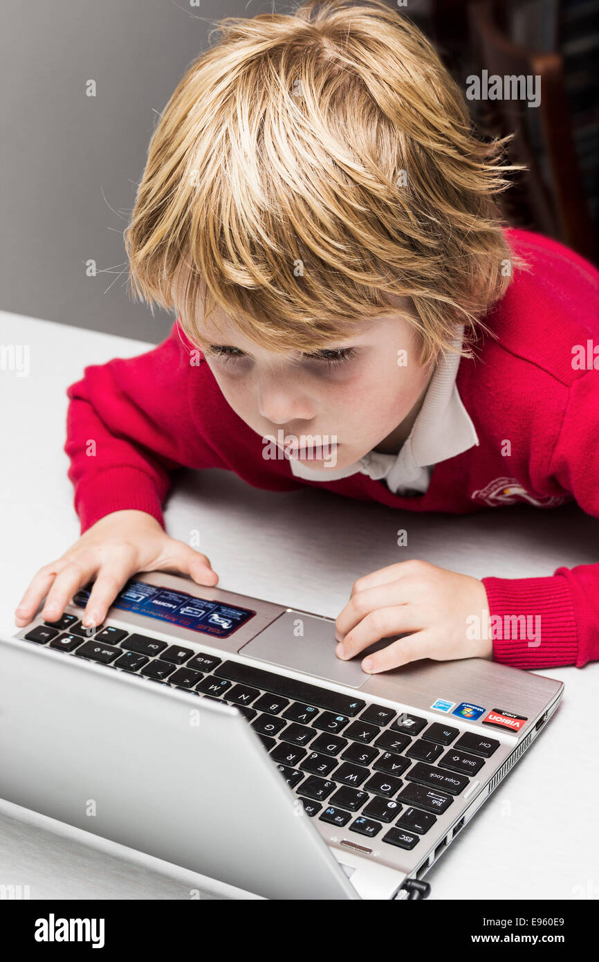 A young boy in a red school type sweater concentrates on a laptop screen Stock Photo