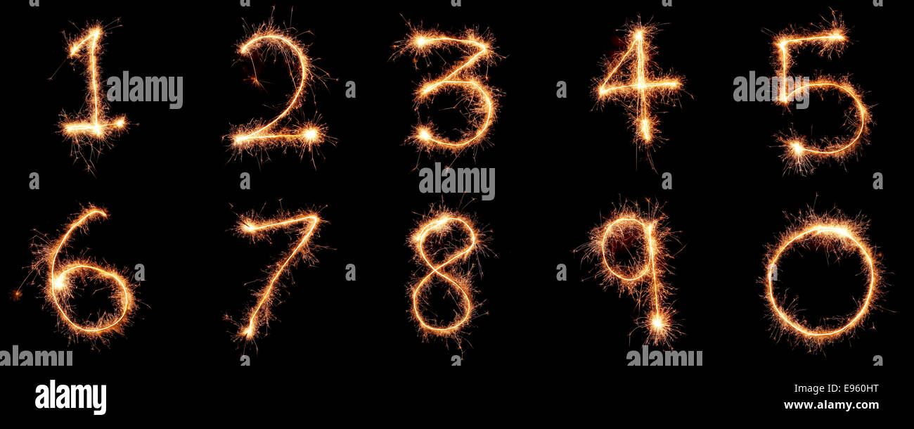 Numbers 0 to 9 created using a sparkler Stock Photo