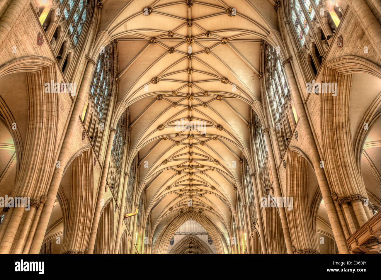 Interior of York Minster gothic ceiling Stock Photo