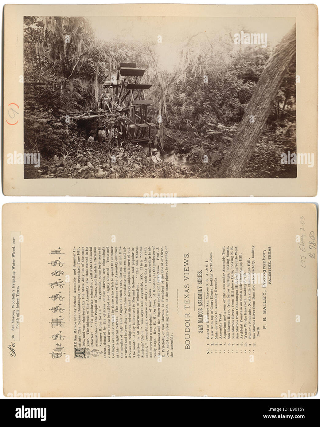 Photograph of Woolfolk's Irrigating Water Wheel located near San Marcos, Texas. This water wheel, built to support irrigation, showcases 19th-century agricultural technology in the American West. Stock Photo