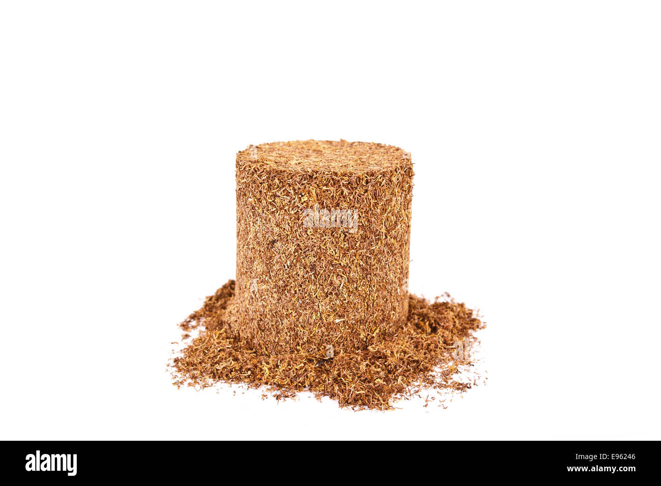 Pile of shredded cigarette tobacco isolated on white background, lung cancer concept Stock Photo