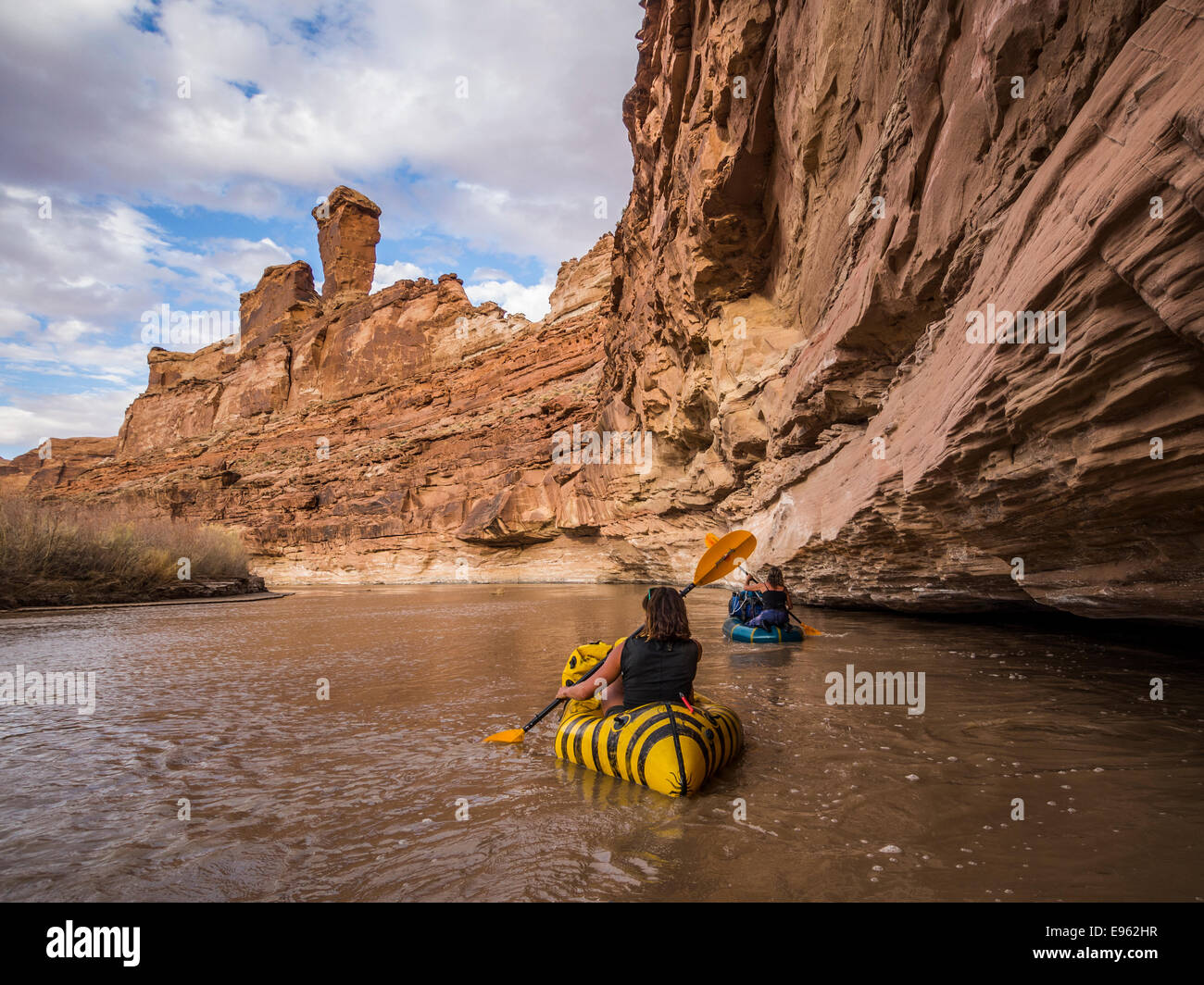 Natali Day and Suzy Loeffler pack rafting on the Dirty Devil river, Utah. Stock Photo