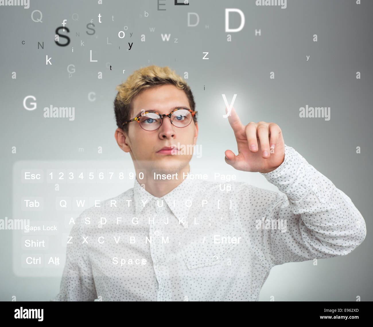 Young businessman pressing application button on computer with touch ...