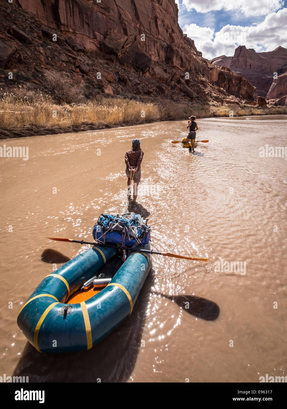 Dirty Devil river pack raft trip, Utah. Stock Photo