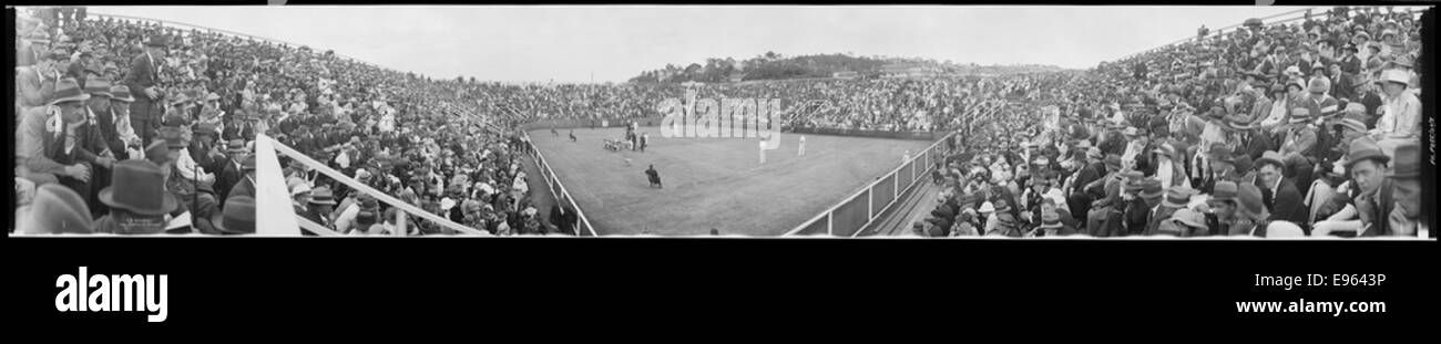A historical image of The Colts match during the 1920 Davis Cup in Sydney. The photograph captures players in action during this early international tennis competition. Stock Photo