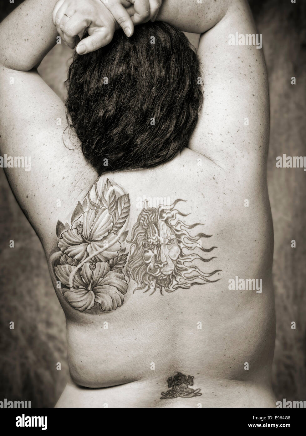 Black White Studio Portrait Of Tattoos On An Overweight Nude Woman Stock Photo Alamy