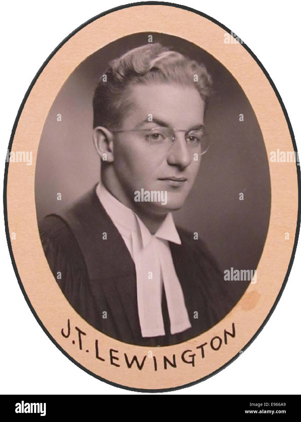 Portrait photograph of JT Lewington, showcasing him as a 1946 graduate of Osgoode Hall Law School. The image captures his professional demeanor in this historical portrait. Stock Photo