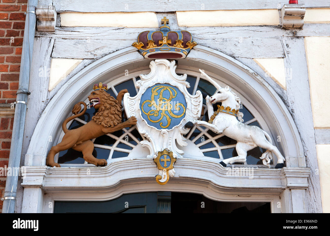 Entrance with coat of arms, Lutheran cathedral, Verden an der Aller, Lower Saxony, Germany, Europe, Stock Photo