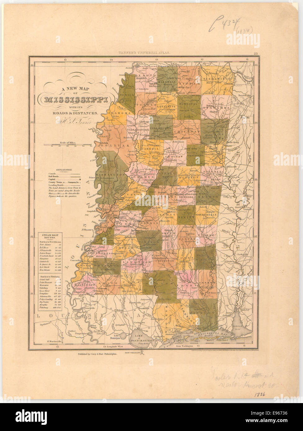 A new map of Mississippi with its roads & distances 14444579455 o Stock