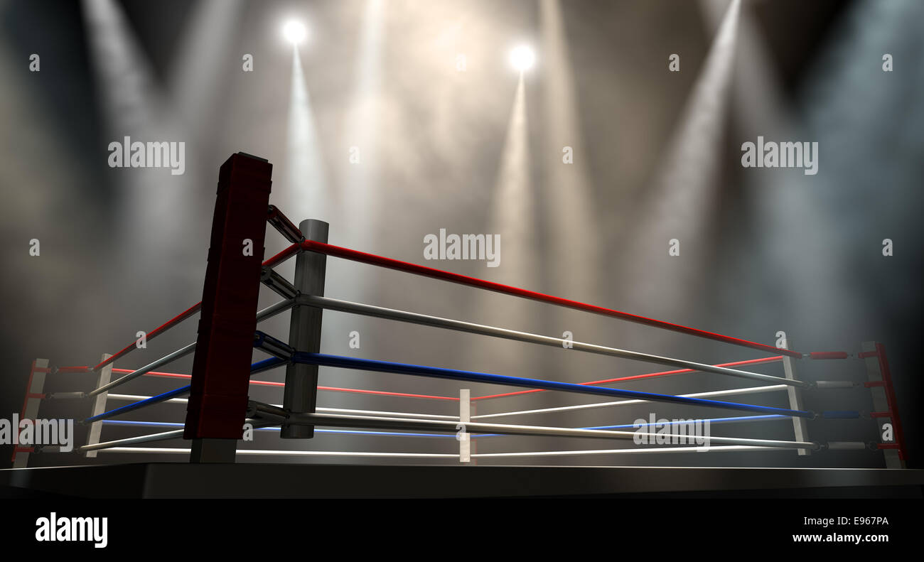 A regular boxing ring surrounded by ropes spotlit by various lights on an  isolated dark background Stock Photo - Alamy