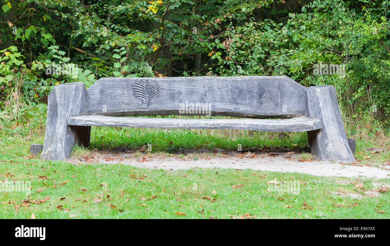 Unique Bench In A Park Solid Wood With A Carving Of A Tree Stock