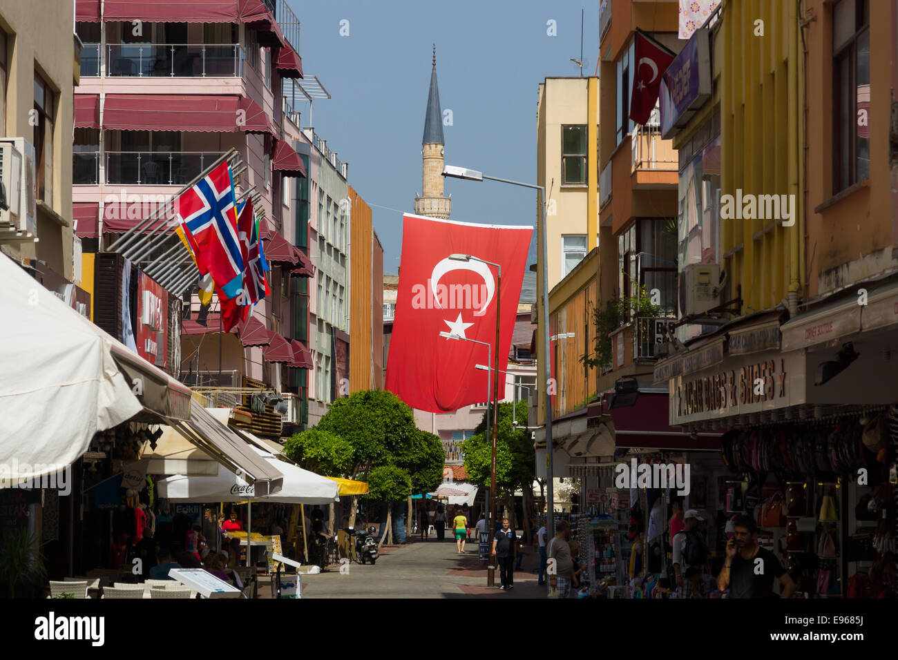 ALANYA, TURKEY - JUNE 28, 2014: The shopping street in Alanya. Alanya a popular Mediterranean resort. Stock Photo