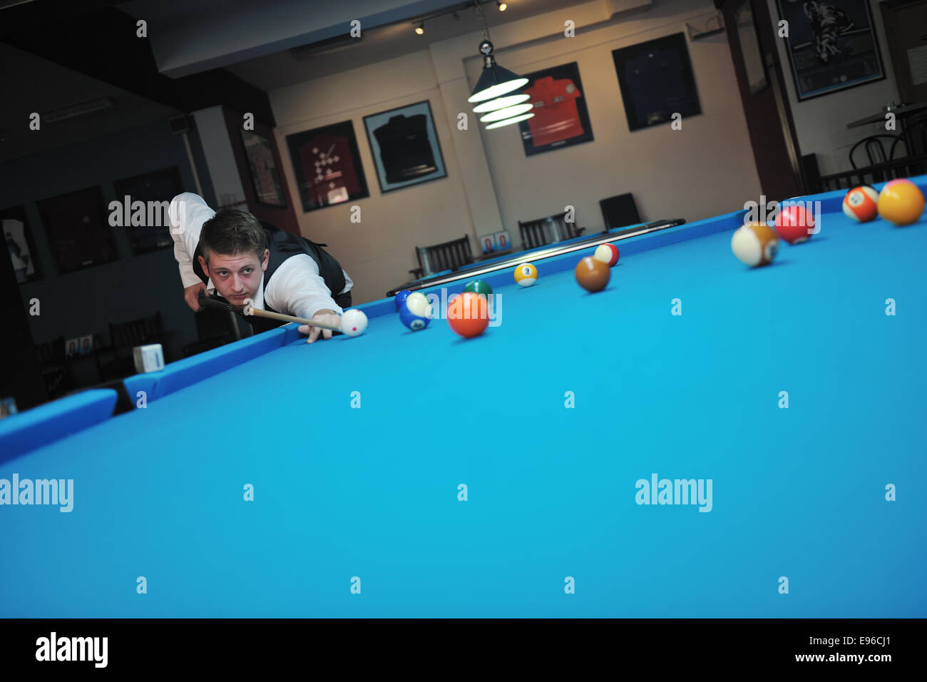 young man play pro billiard game Stock Photo Alamy