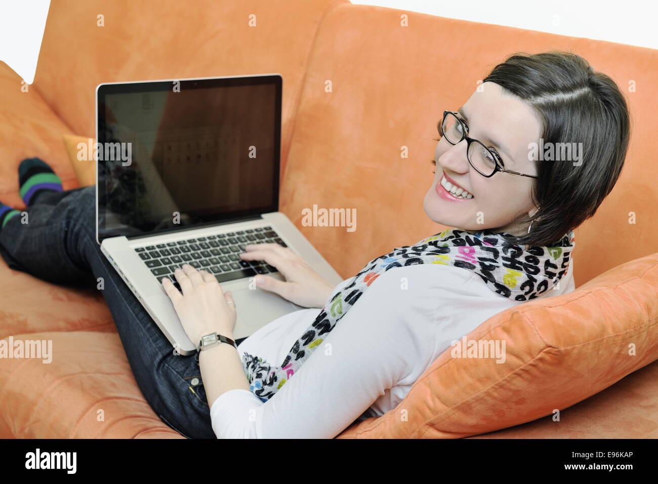one young woman working on laptop Stock Photo - Alamy