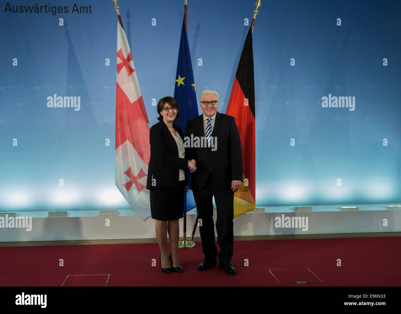 Berlin, Germany. 21st Oct, 2014. German foreign Minister Steinmeier meets Georgian Foreign Minister Maia Panjikidze to talk about relations of Georgia with Germany and the European union stands for center of the discussion as well as the Ukraine crisis at German foreign Ministery on October 21st, 2014 in Berlin, Germany. / Picture:  Maia Panjikidze, Georgian Foreign Minister, and Frank-Walter Steinmeier (SPD), German Foreign Minister. Credit:  Reynaldo Chaib Paganelli/Alamy Live News Stock Photo