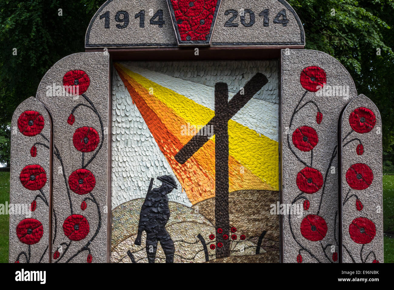 Well dressing in Buxton, Derbyshire celebrating the great war centennial. Well dressing  is a rural England summer tradition in Stock Photo