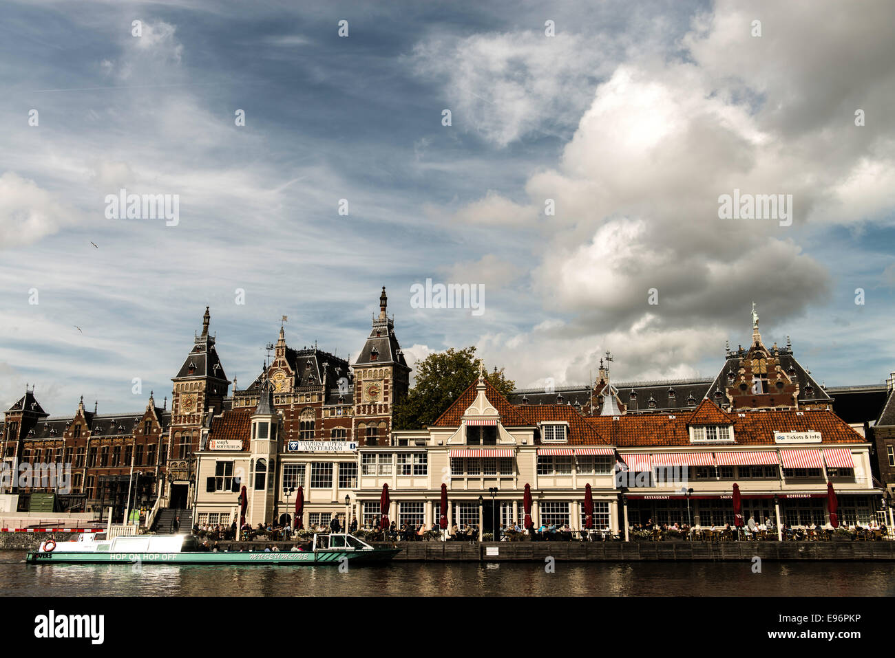 Cafe restaurant Smits with Central Station in the background Amsterdam Holland Netherlands Europe Stock Photo