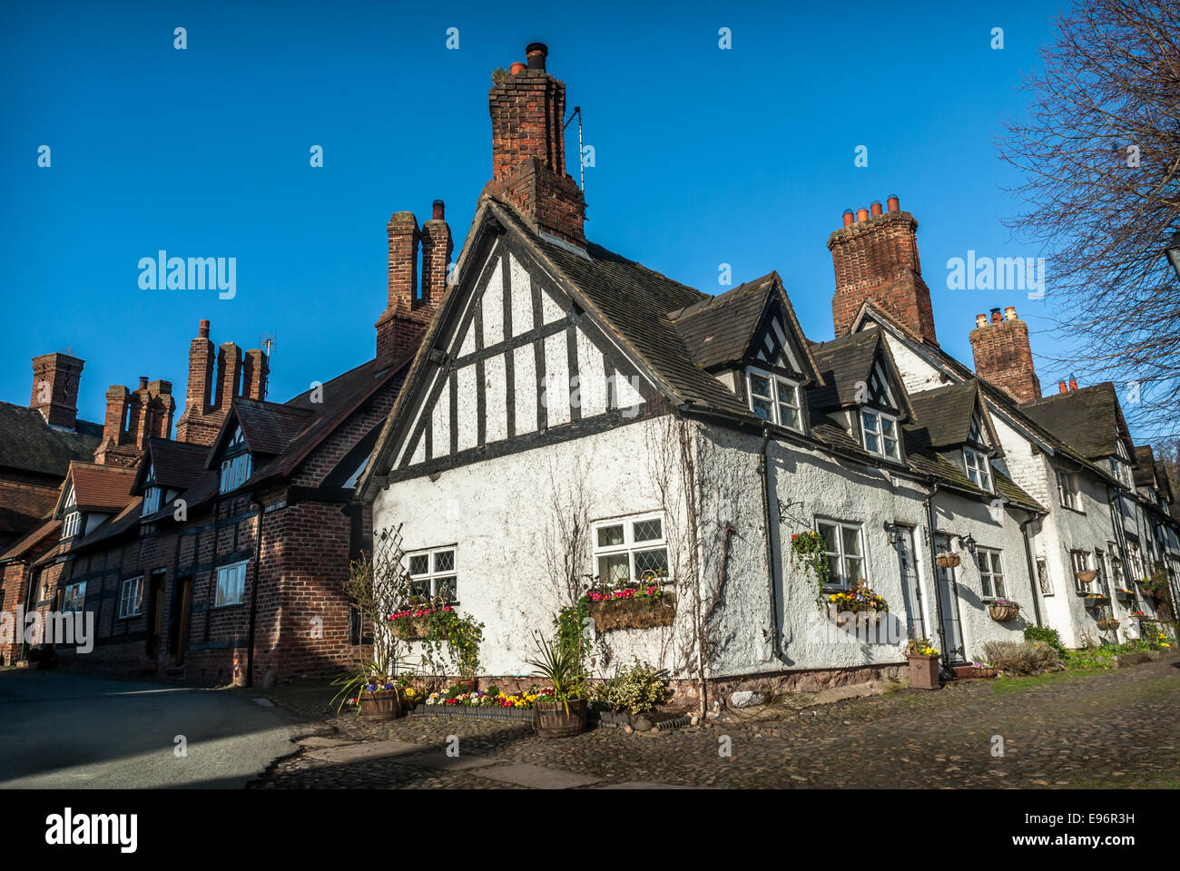 Timber framed cottages in the village of Great Budworth, Cheshire, England. Stock Photo