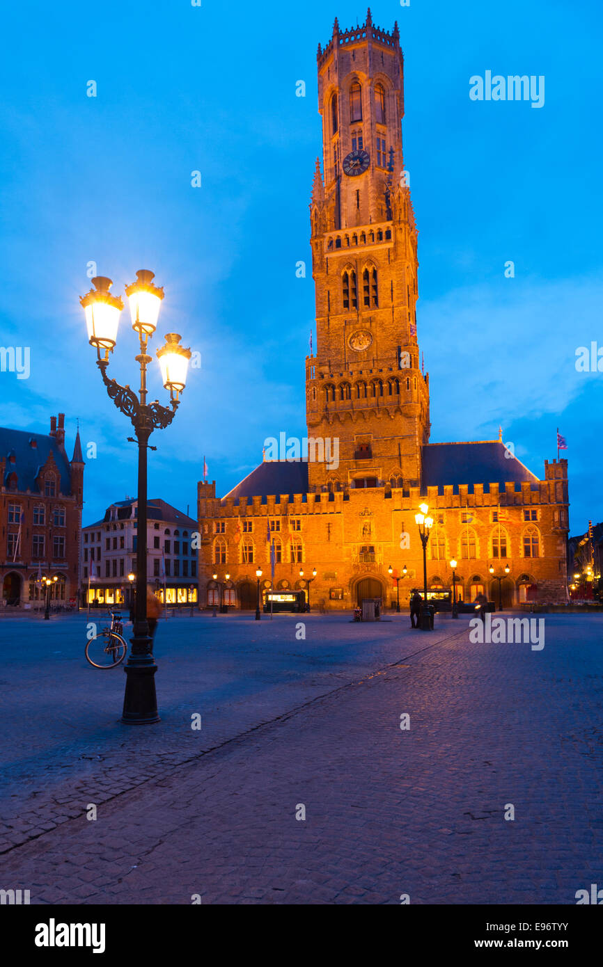 Bruges Brugge Square Belfry Dusk Evening Stock Photo
