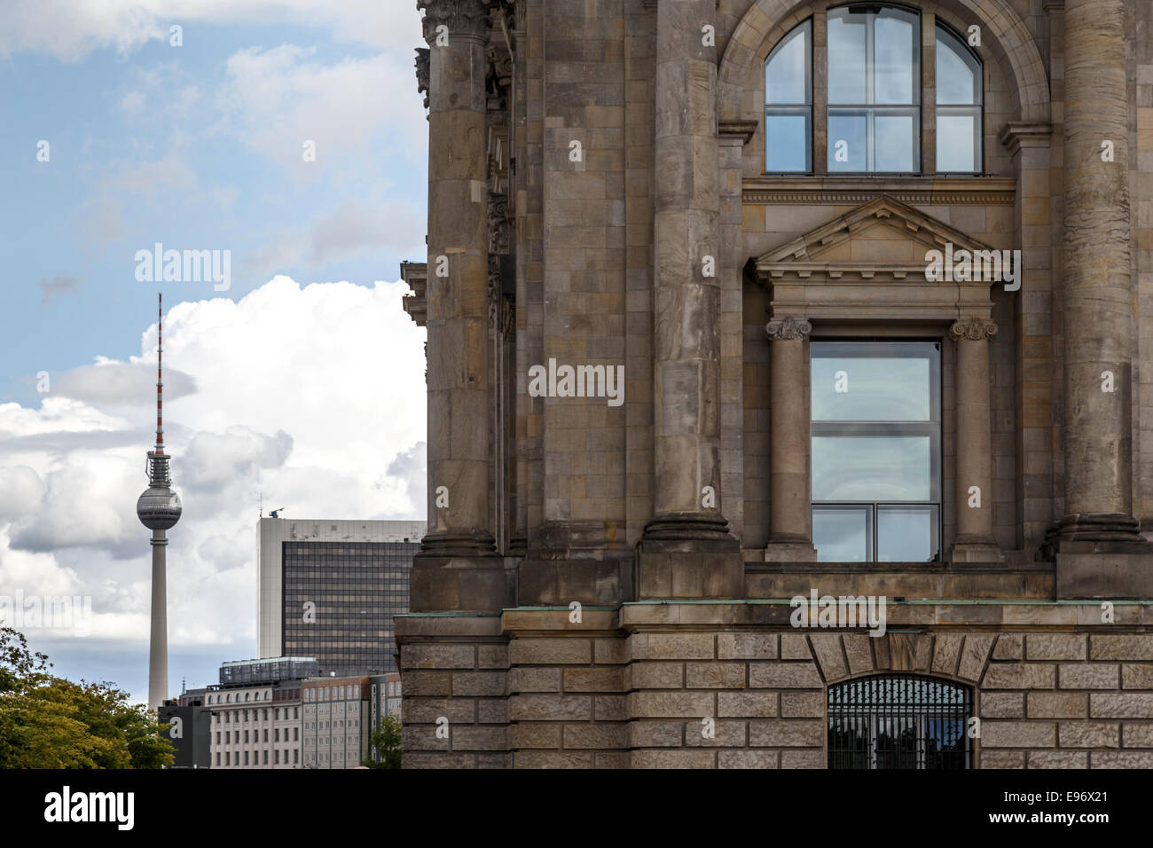 Corner of Bundestag (or Reichstag) building with TV tower in background, Berlin, Germany Stock Photo