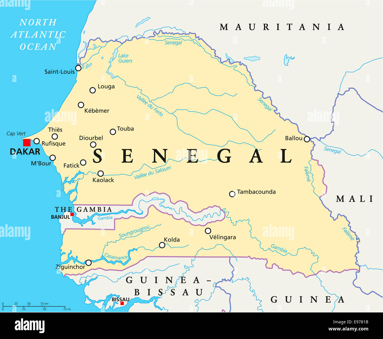 Senegal Political Map with capital Dakar, national borders, important cities, rivers and lakes. English labeling and scaling. Stock Photo