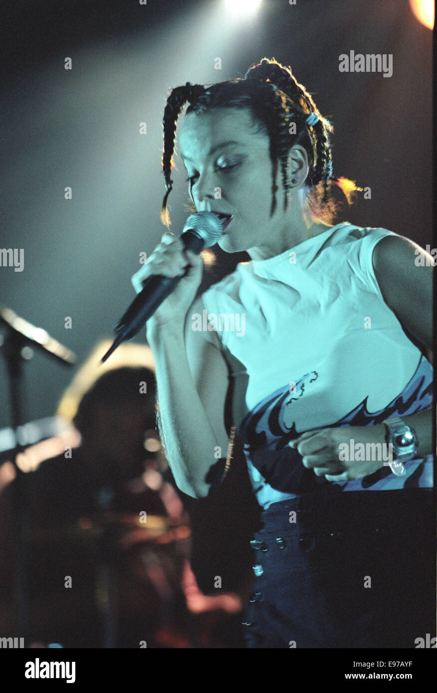 Bjork on stage in concert at Irvine Beach Music Festival, in Irvine, in Scotland, in 1996. Stock Photo