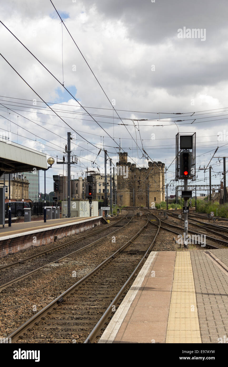 Newcastle railway station looking east towards the nearby 12th century castle keep. Stock Photo