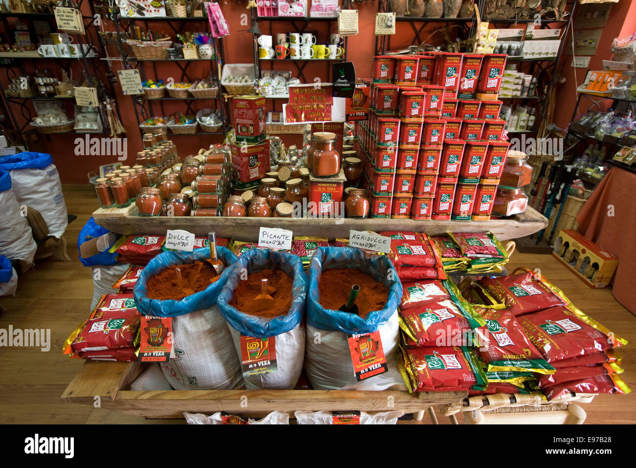 Pimento pepper spices in store in the city of Jarandilla de la Vera in La Mancha, Spain Stock Photo