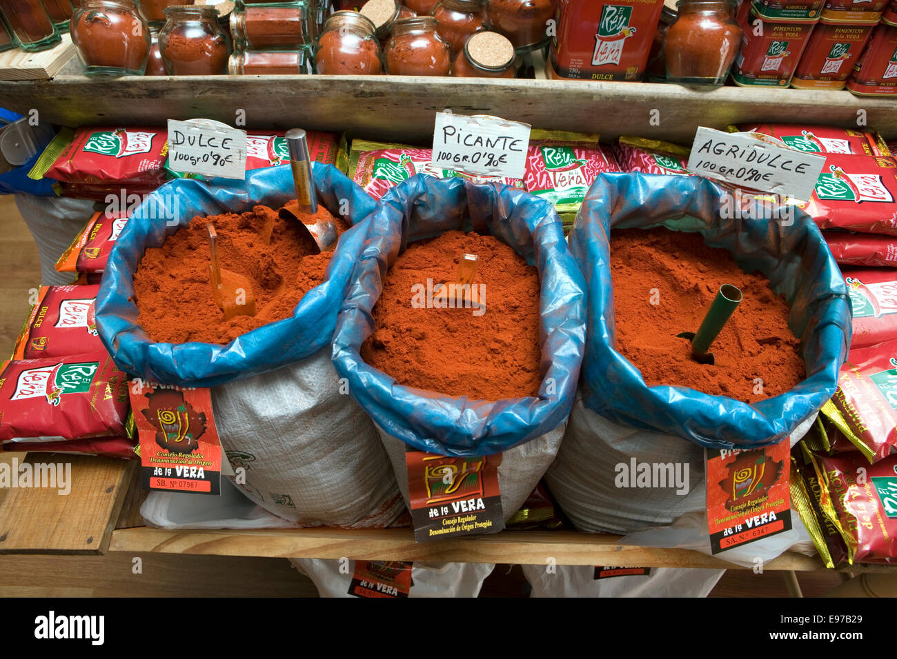 Pimento pepper spices in store in the city of Jarandilla de la Vera in La Mancha, Spain Stock Photo