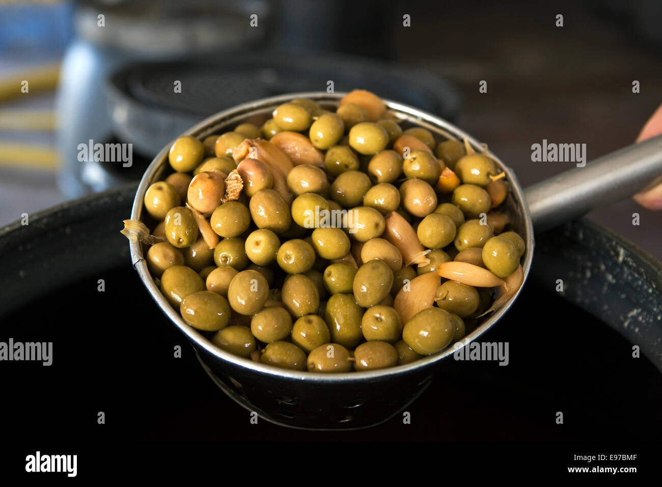 Olives in brine as made in the small factory El Mesto in Montalban