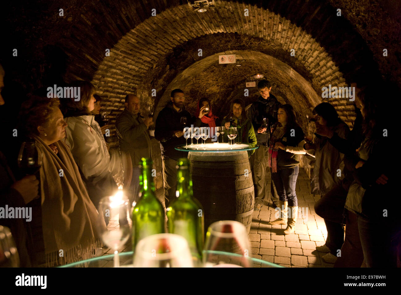 Wine tasting in wine cellar in Laguardia in Rioja, Spain Stock Photo