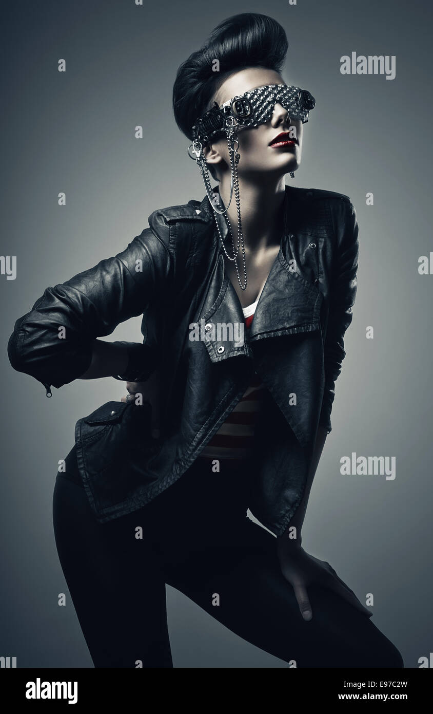 beautiful punk woman in black leather jacket Stock Photo - Alamy