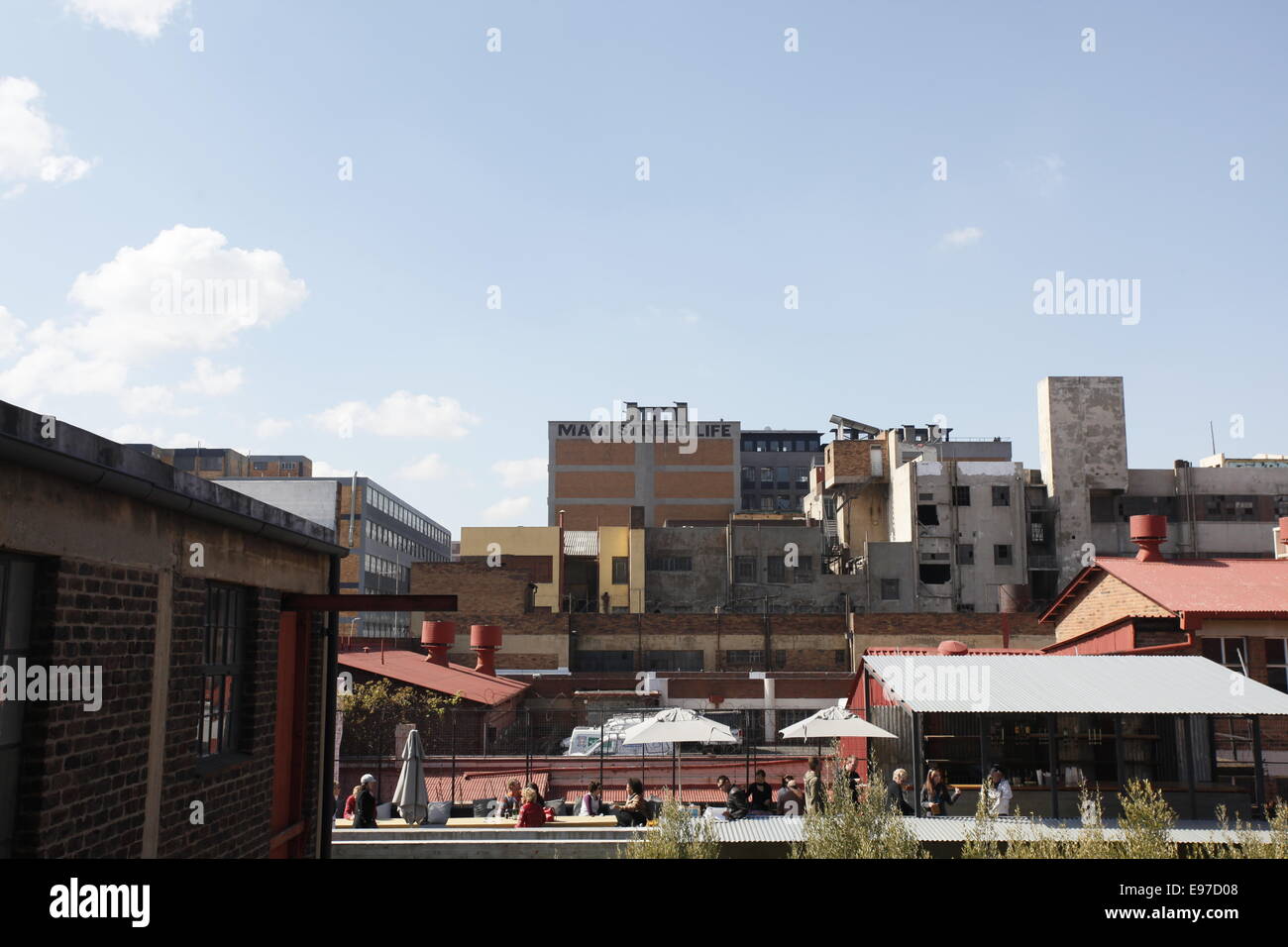 A view overlooking the garden at Arts on Main towards Main Street Life. Johannesburg CBD, Gauteng, South Africa Stock Photo