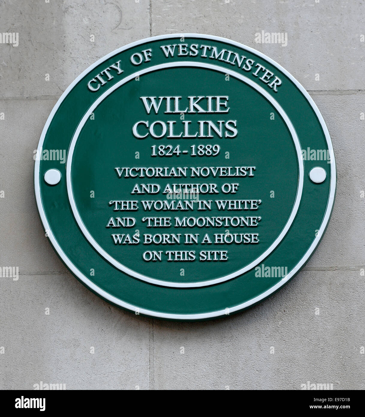 Green City of Westminster plaque to Wilkie Collins at 11 New Cavendish Street, Marylebone, City of Westminster, London. Stock Photo