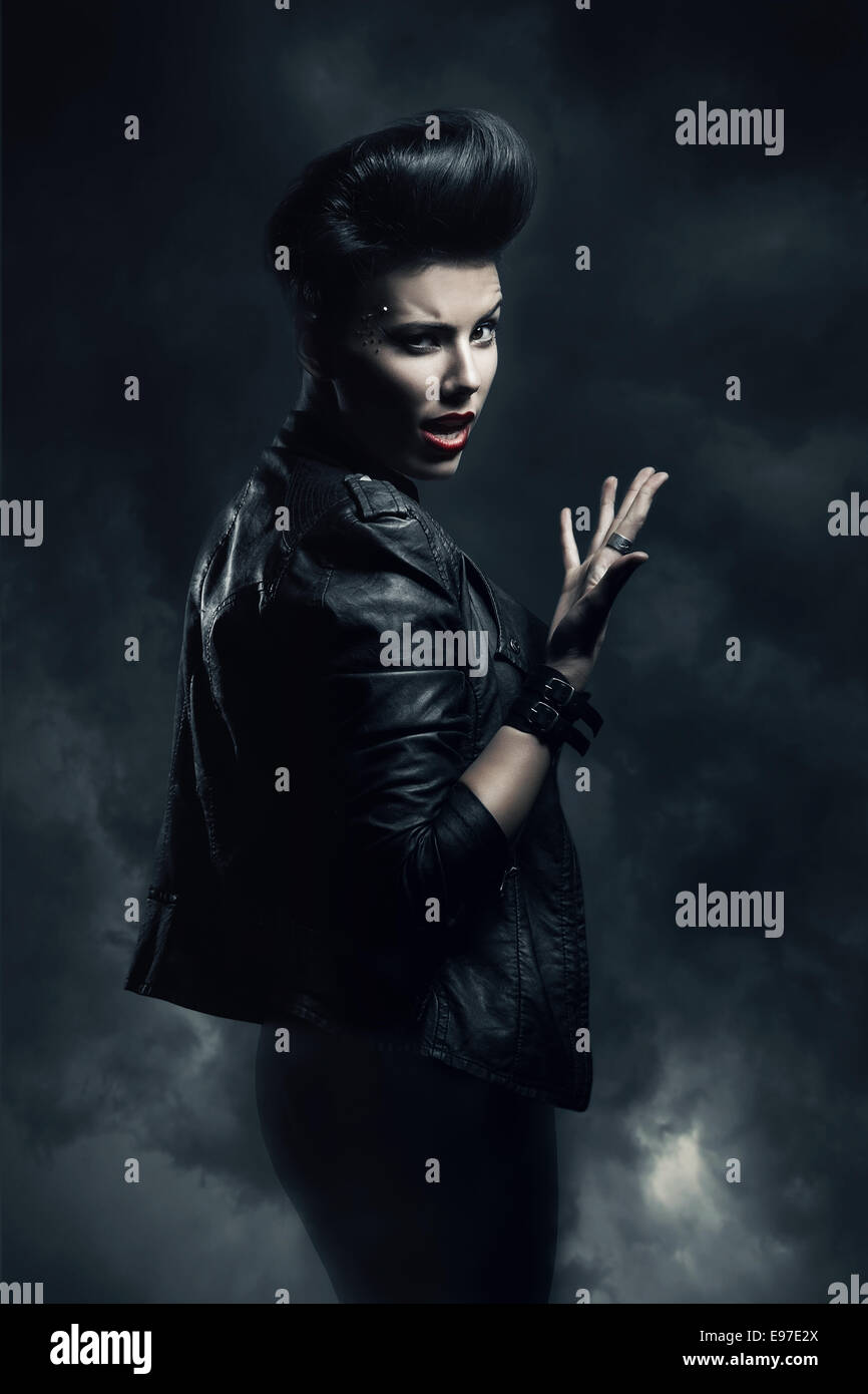 woman with short hair in fog Stock Photo
