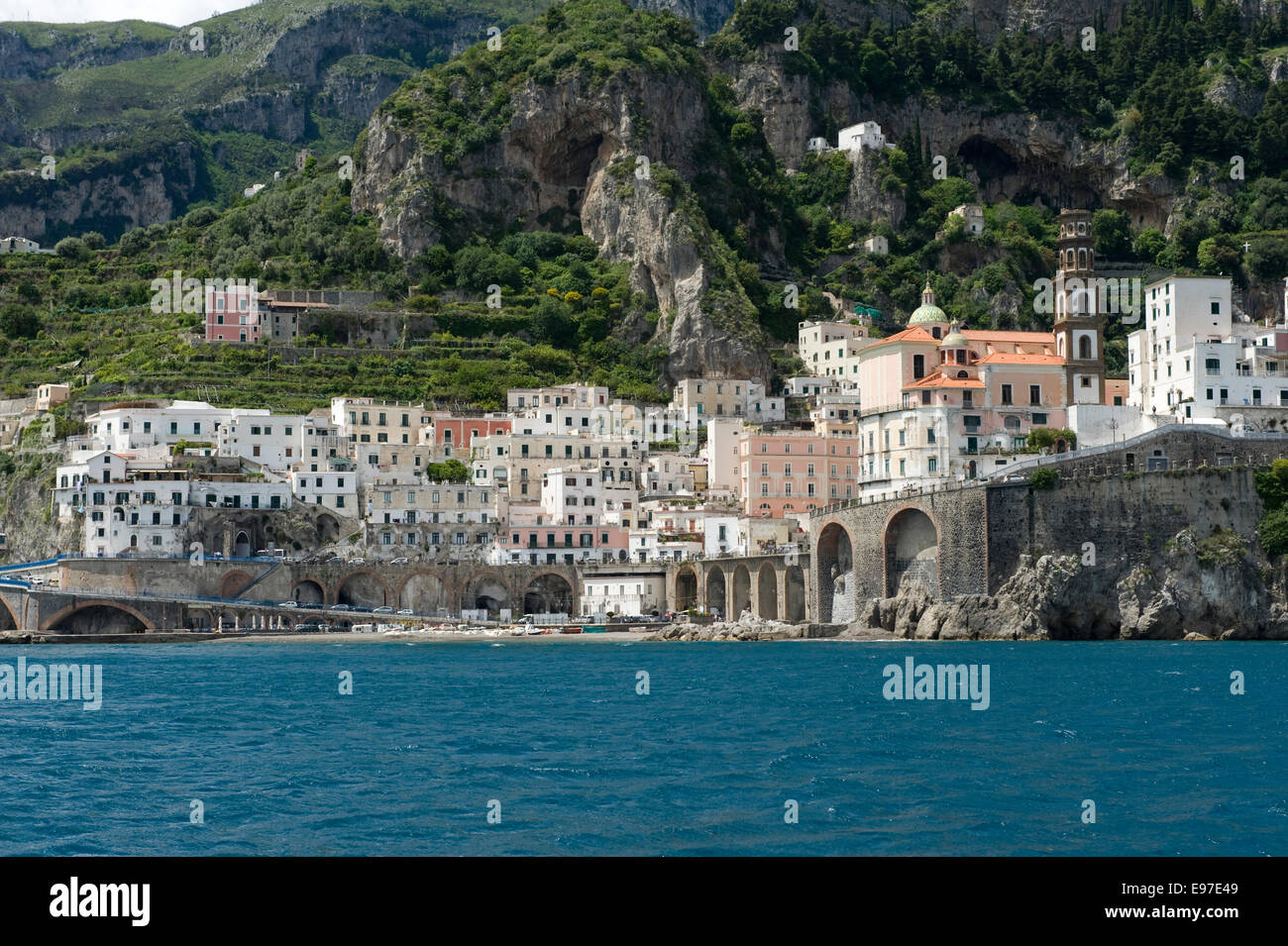 The town of Atrani near Amalfi seen from a boat on the Bay of Salerno, Province of Salerno,  Campania, Italy May Stock Photo