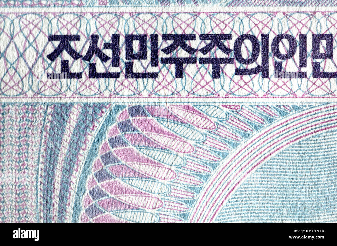 Detail from a North Korean banknote showing intricate anti-forgery ...