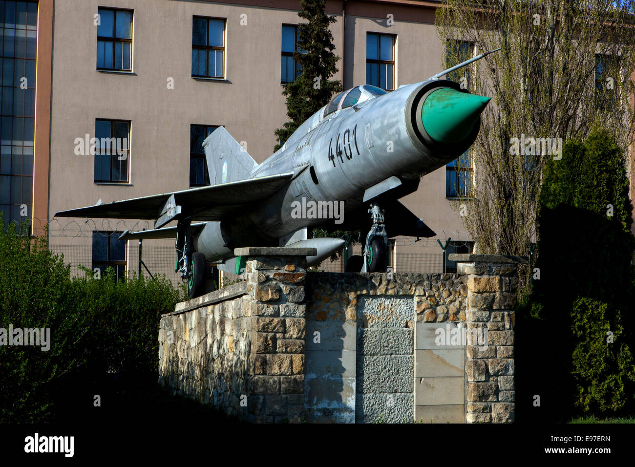 MIG 21 on a pedestal in front of the barracks in Stara Boleslav, Czech Republic Stock Photo
