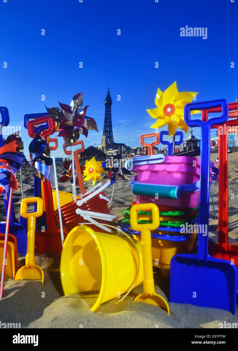 A collection of beach bucket and spades. Blackpool. Lancashire Stock