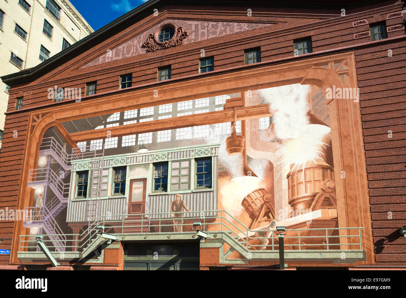 RICHARD HAAS STEEL MAKING MURAL BYHAM THEATER FULTON BUILDING DOWNTOWN