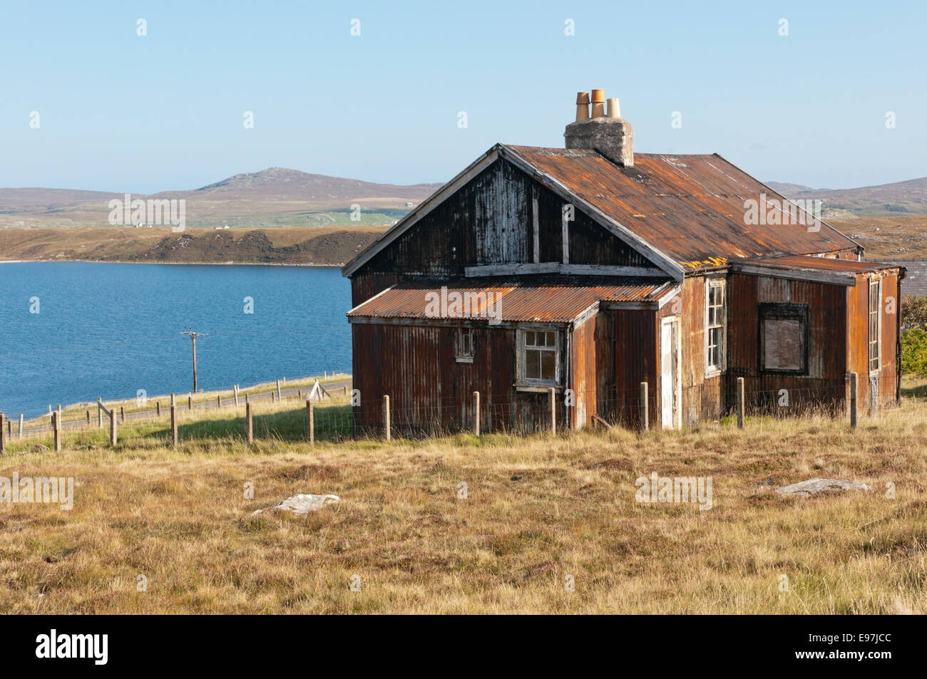A rusted corrugated iron building on the Isle of Lewis in the Outer Hebrides. Stock Photo