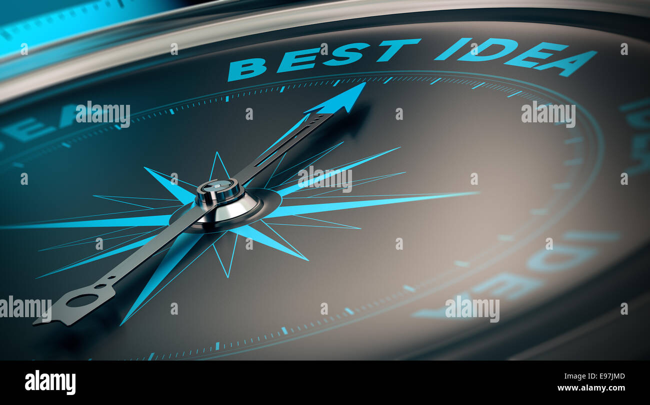 Compass with needle pointing the words best idea, concept image to illustrate vision and business strategy. Stock Photo