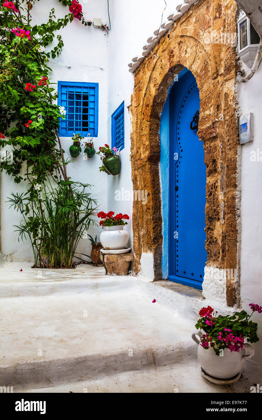 Small corner of a side alley in Sidi Bou Said, Tunisia. Stock Photo