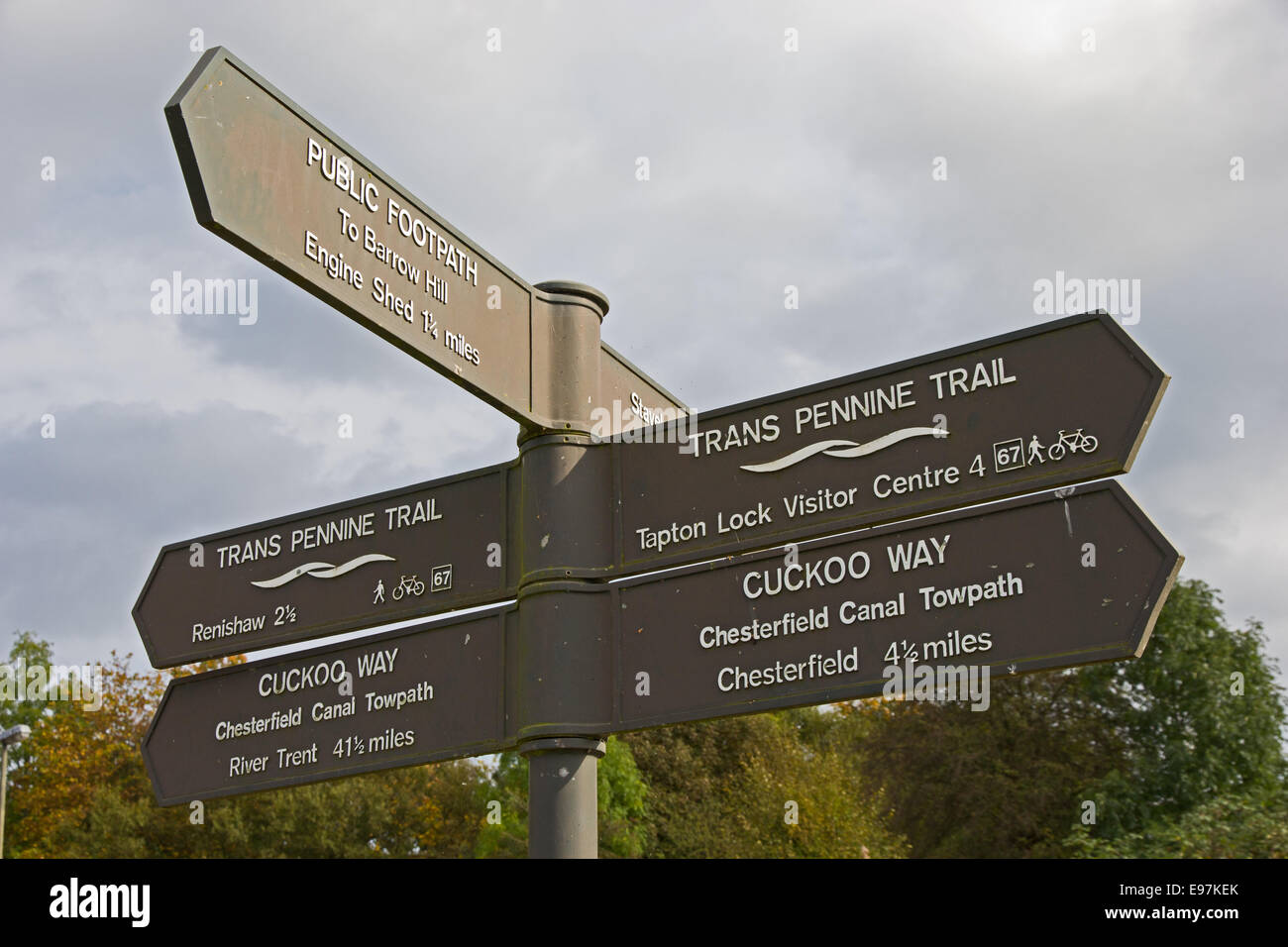 Signpost on Trans Pennine Trail and Cuckoo Way. Stock Photo