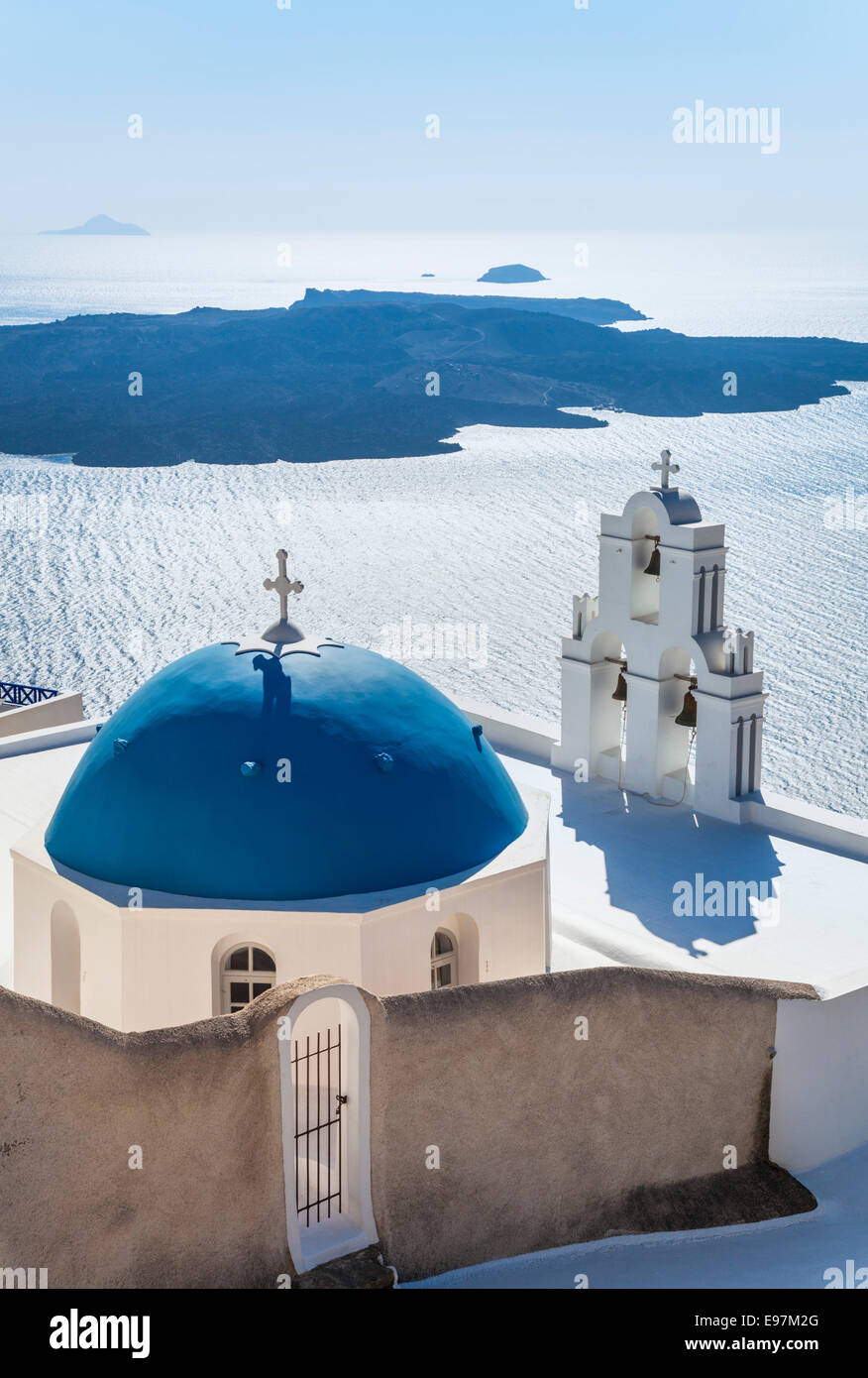 Blue Dome of St Gerasimos church, Firostefani, Fira, Santorini, Thira, Cyclades islands, Aegean Sea, Greece, EU, Europe Stock Photo
