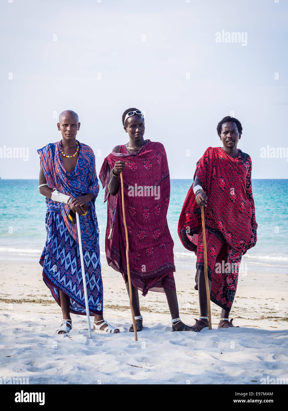 Men in traditional Maasai clothes on South Beach in Dar es Salaam, the capital of Tanzania. Stock Photo