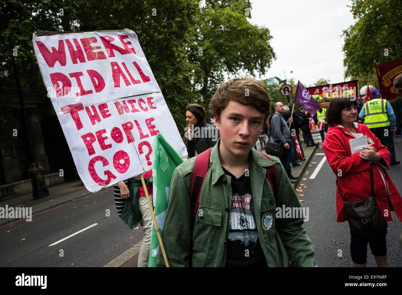 A TUC national demonstration in Central London.  A teenager protests as the march sets off. Stock Photo