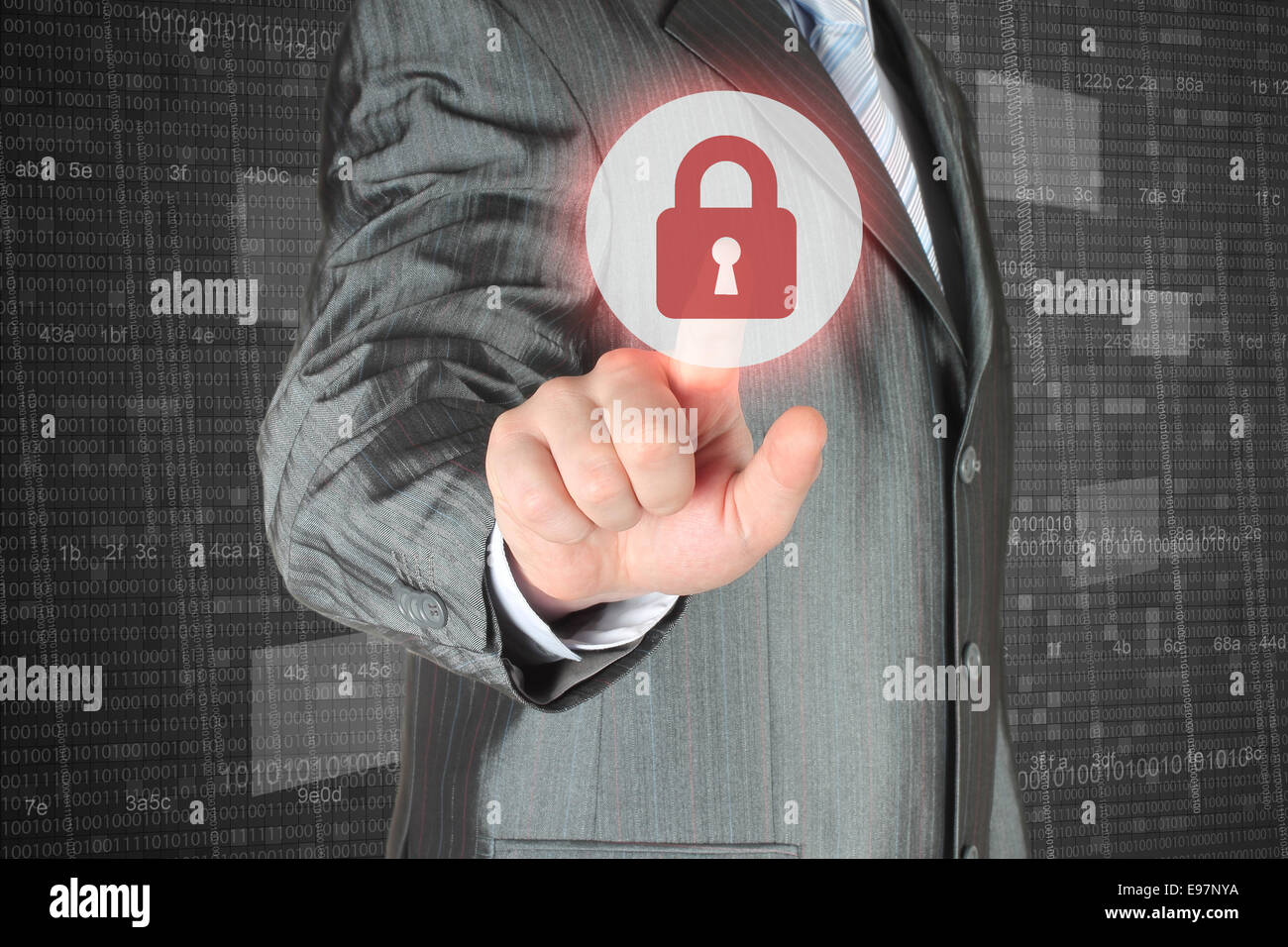 Businessman pushing virtual security button on digital background Stock Photo