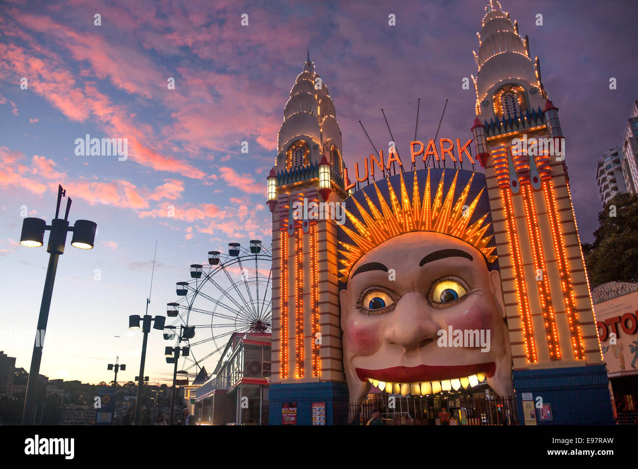 Luna Park Sydney at sunset dusk twilight night NSW Australia Stock