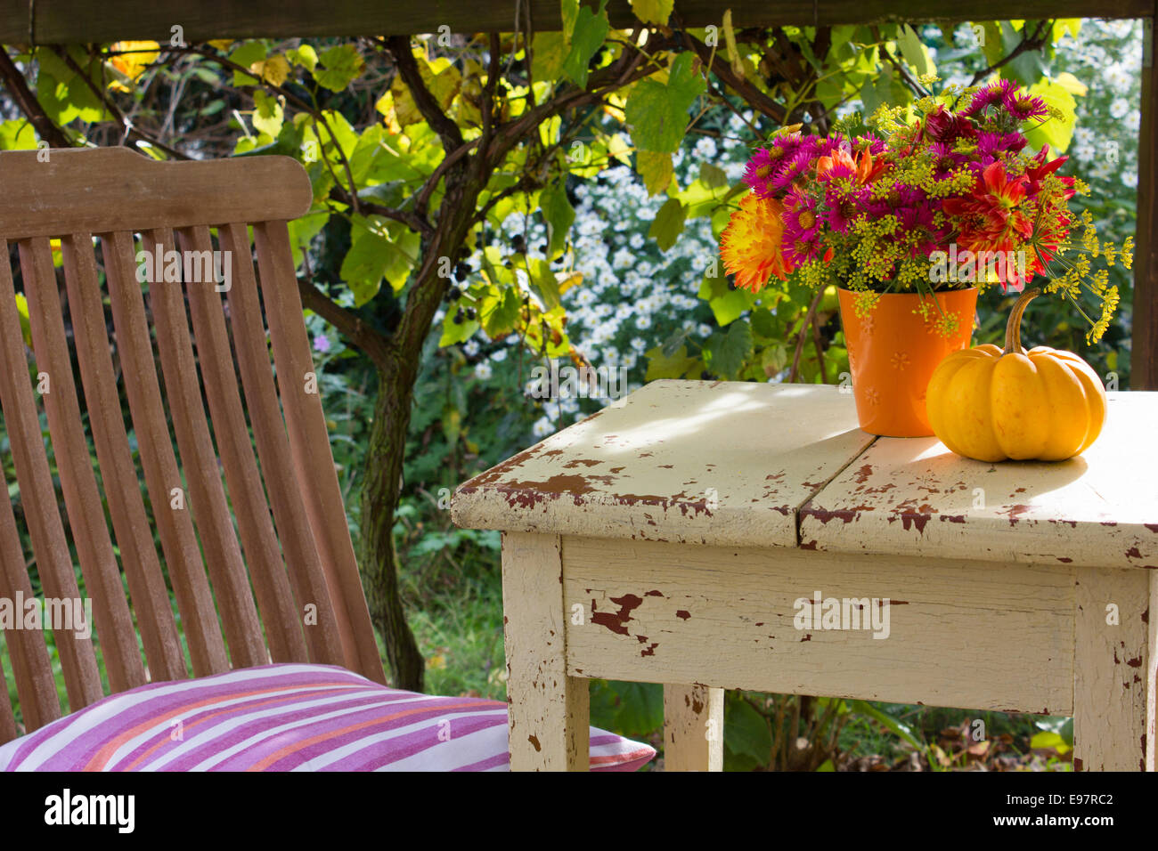 Chair and table in the garden Stock Photo